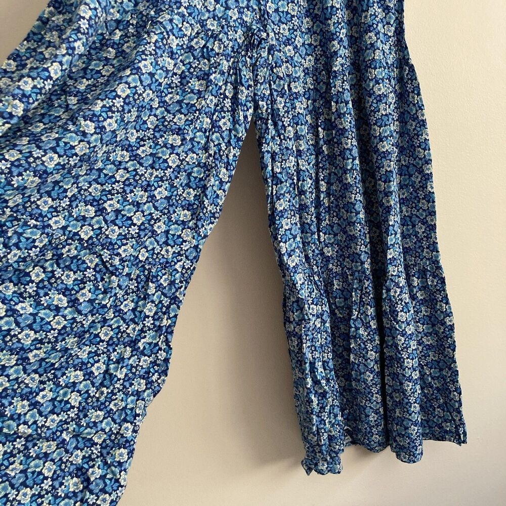 Aerie Smocked Waist Super Wide Leg Party Pants Womens Large Boho Blue Floral - Picture 4 of 7